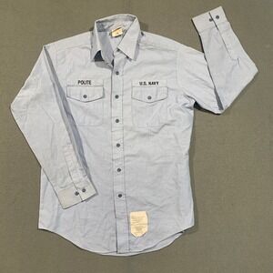 DSCP US Navy Utility Shirt Mens Large Blue Long Sleeve Polite Name Tape Military